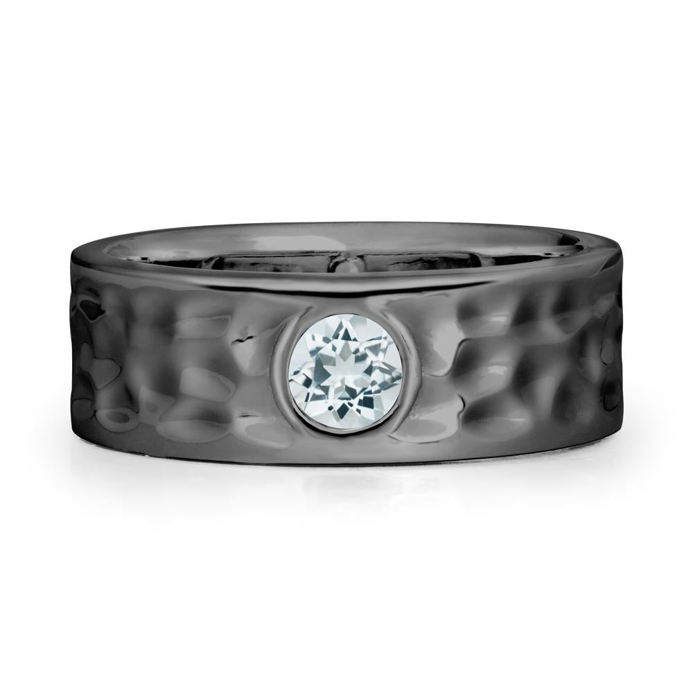 Round Aquamarine Ring In Hammered Wide Band - LUO Jewelry #metal_black finish sterling silver