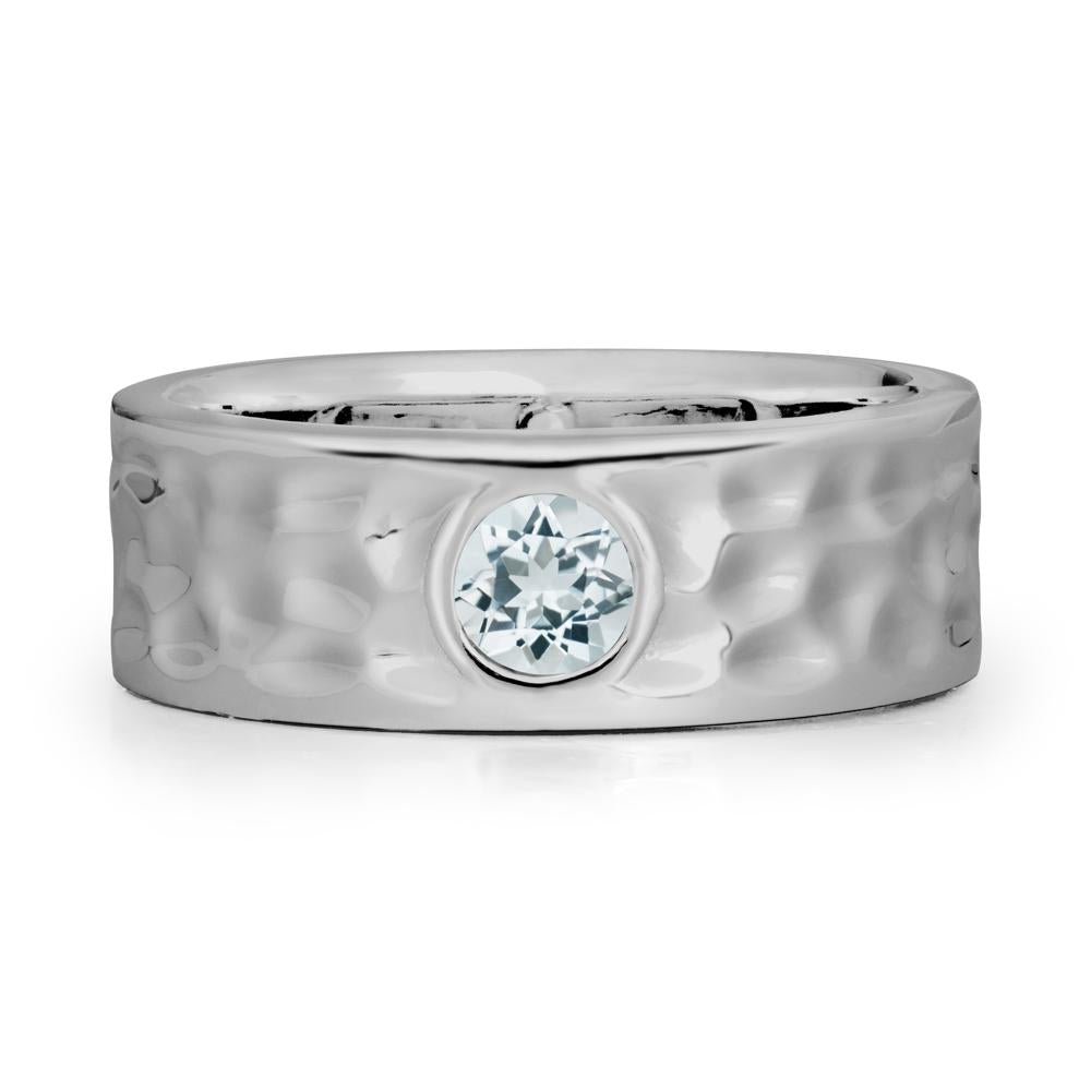 Round Aquamarine Ring In Hammered Wide Band - LUO Jewelry #metal_platinum
