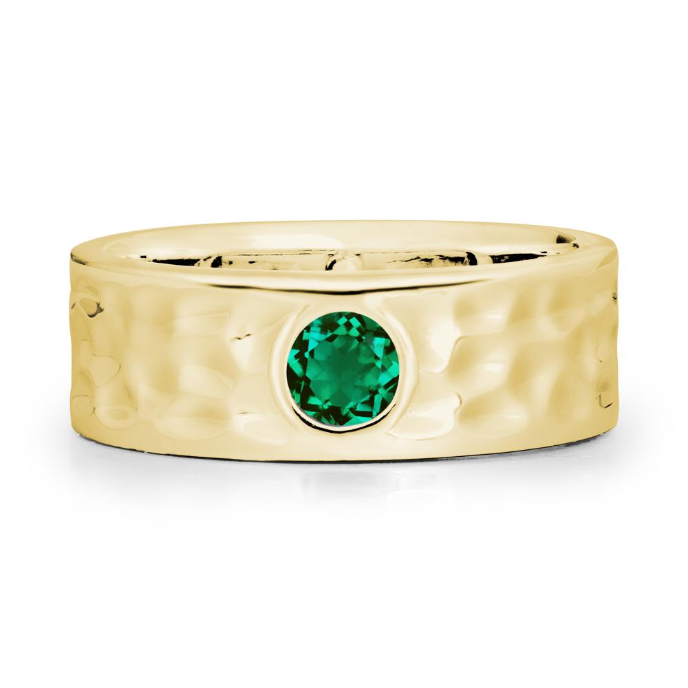 Hammered Wide Band Bezel Emerald Ring - LUO Jewelry #metal_18k yellow gold
