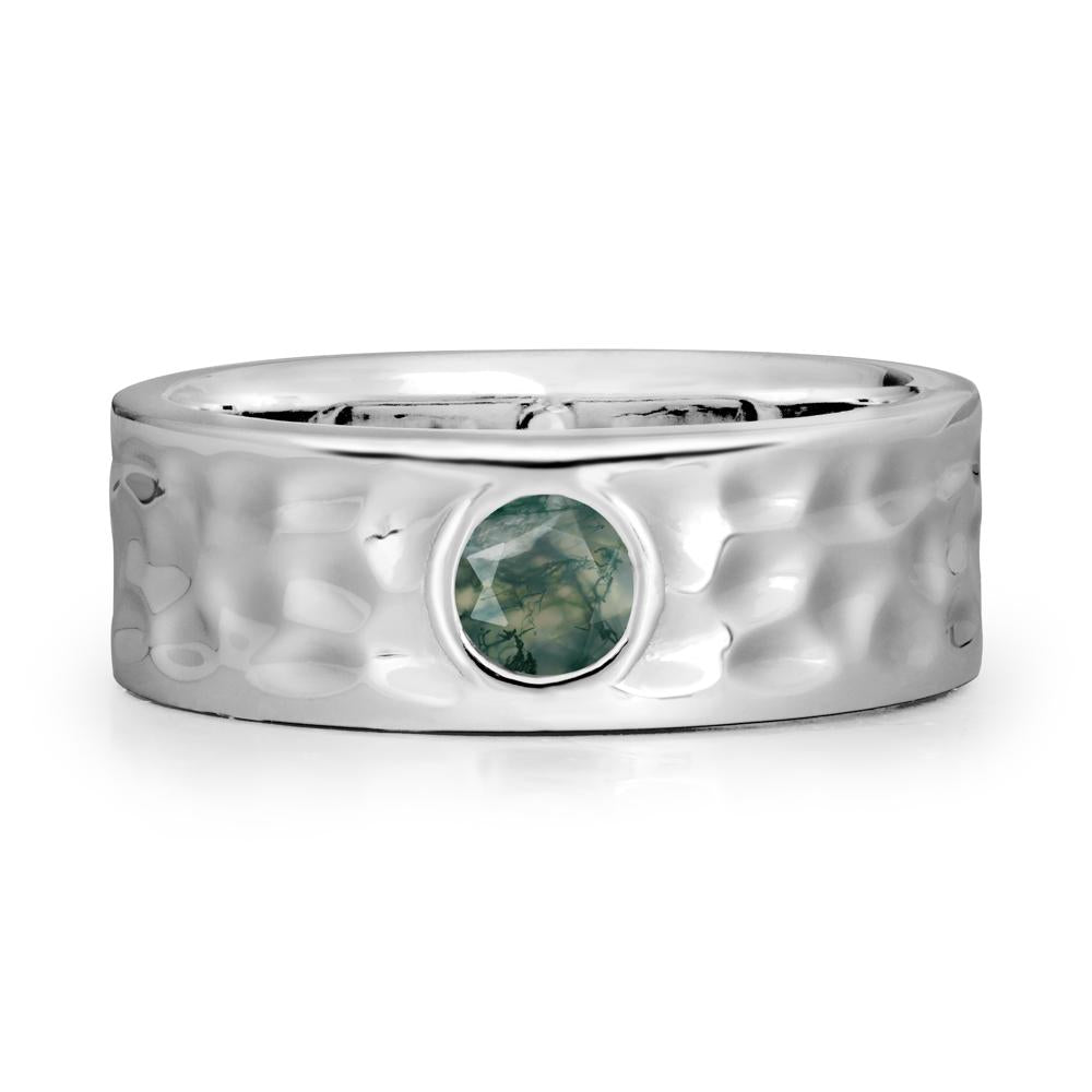 Round Moss Agate Ring In Hammered Wide Band - LUO Jewelry #metal_14k white gold