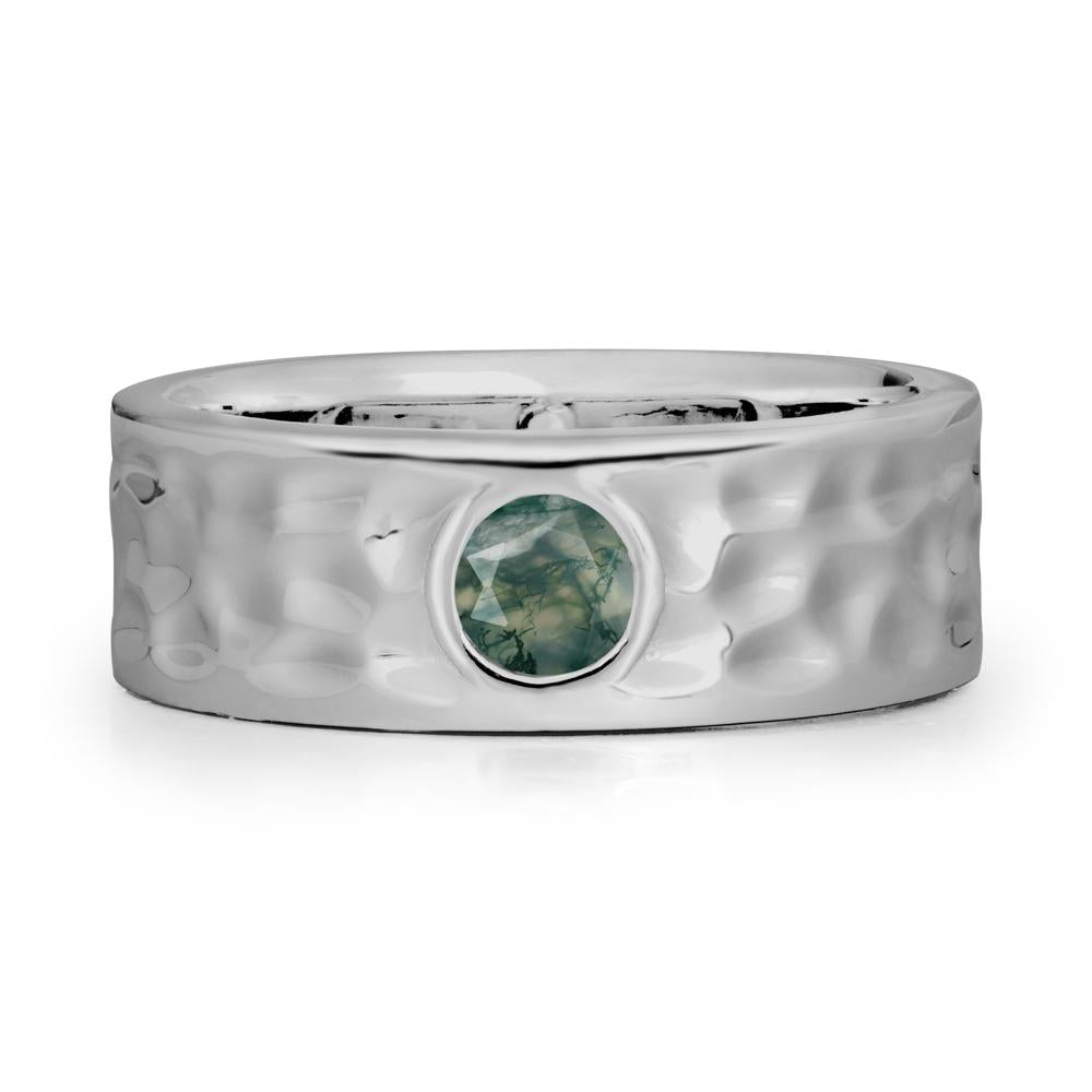 Round Moss Agate Ring In Hammered Wide Band - LUO Jewelry #metal_platinum