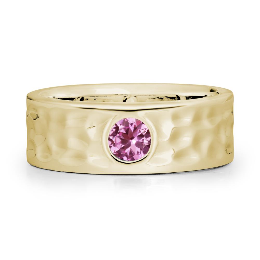 Hammered Wide Band Bezel Pink Sapphire Ring - LUO Jewelry #metal_14k yellow gold