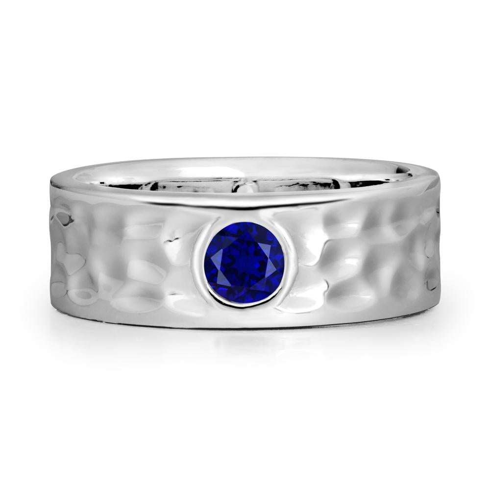 Round Sapphire Ring In Hammered Wide Band - LUO Jewelry #metal_14k white gold