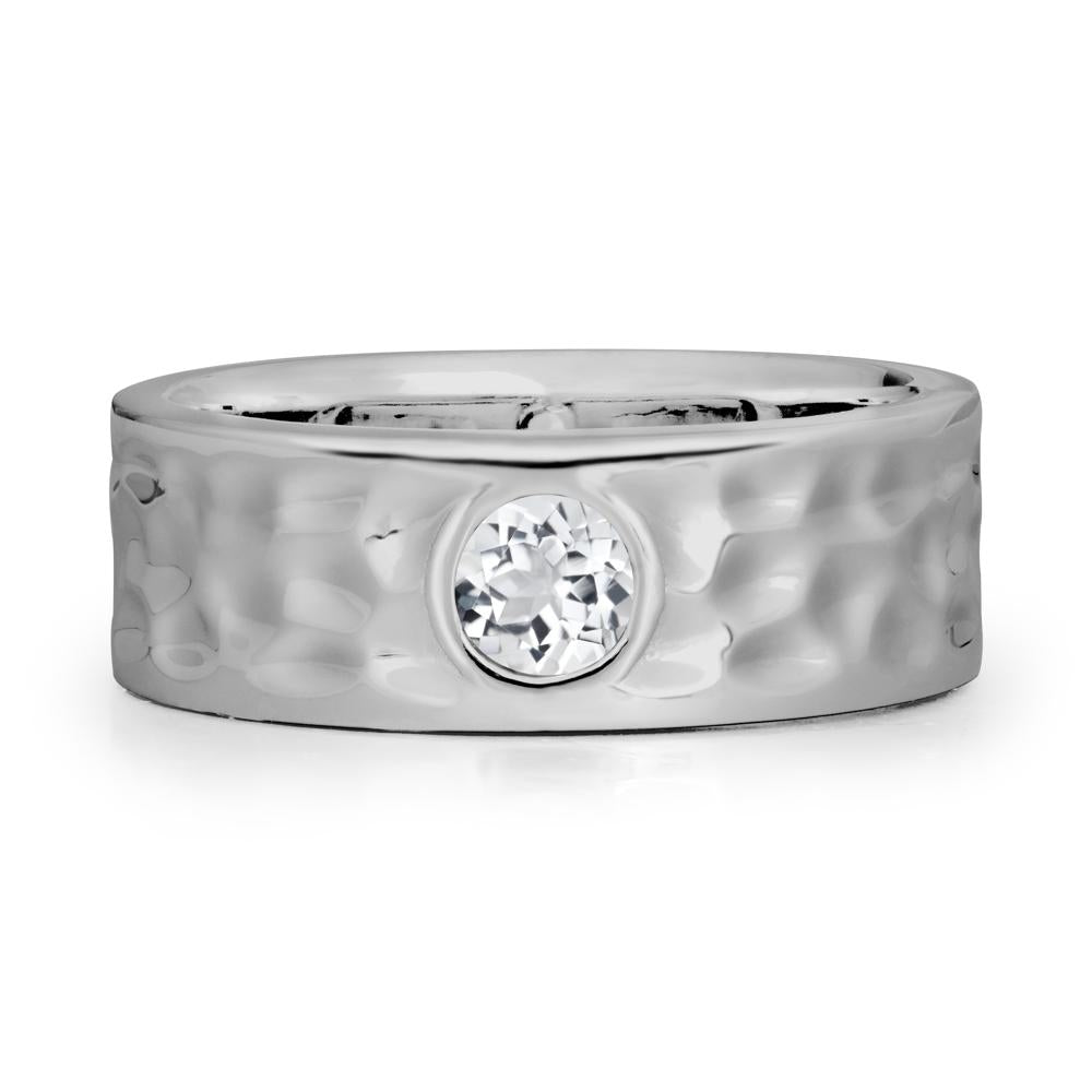 Round White Topaz Ring In Hammered Wide Band - LUO Jewelry #metal_platinum
