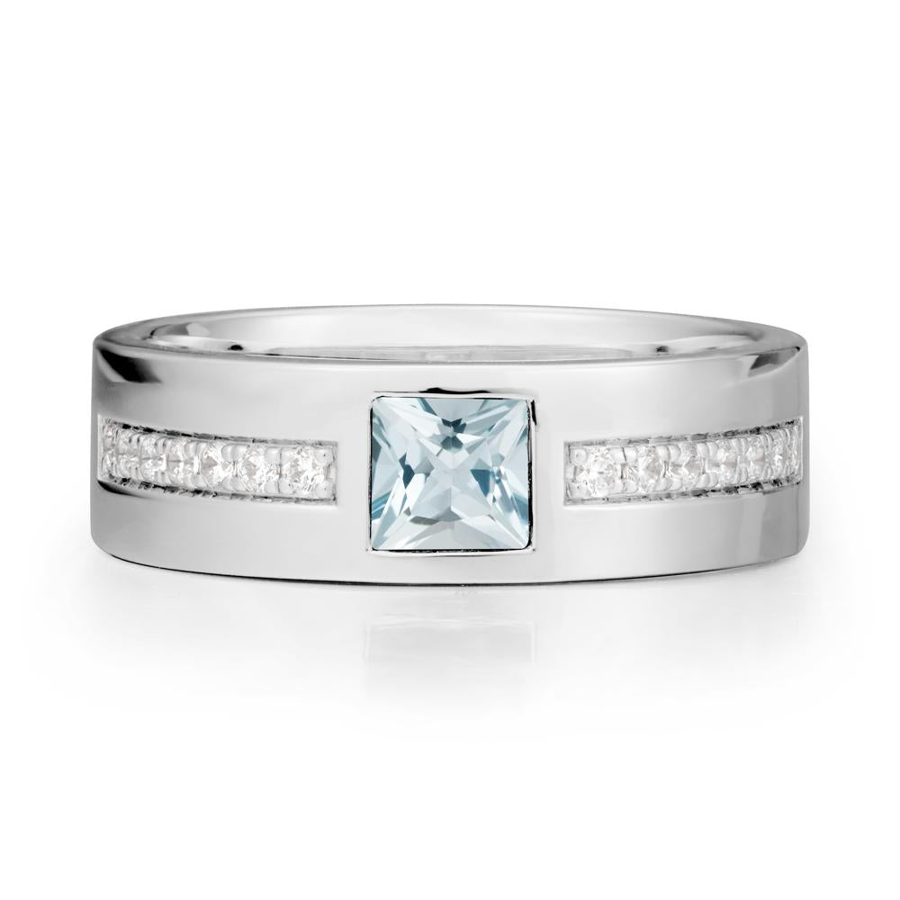 Men Wide Band Square Aquamarine Ring - LUO Jewelry #metal_18k white gold