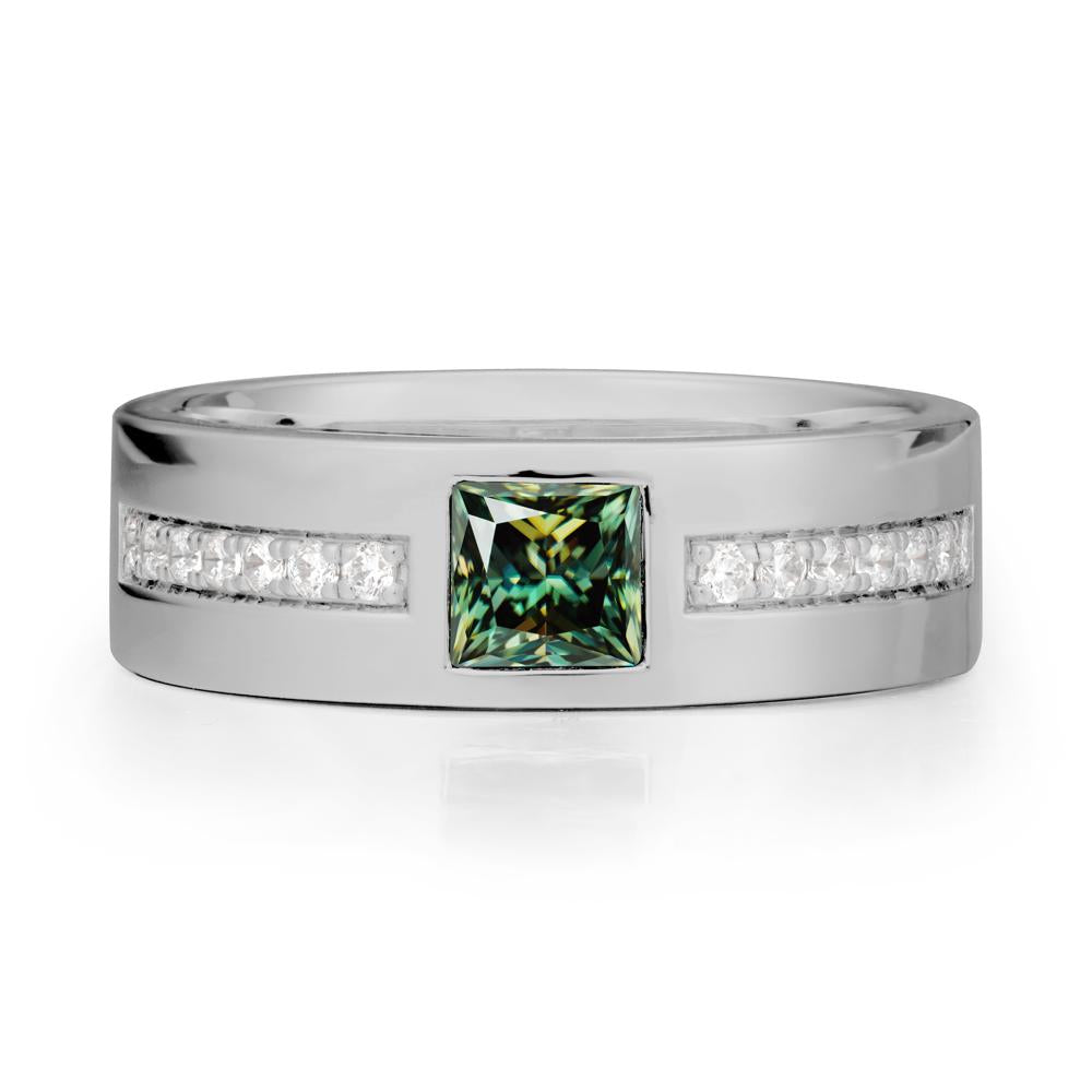 Men Wide Band Square Green Moissanite Ring - LUO Jewelry #metal_platinum