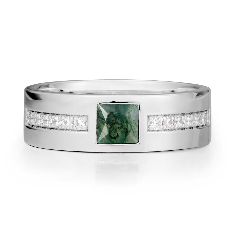 Square Moss Agate Ring with Pav茅 Gems Band - LUO Jewelry #metal_18k white gold