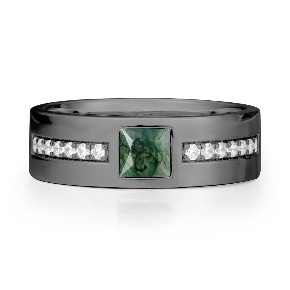 Square Moss Agate Ring with Pav茅 Gems Band - LUO Jewelry #metal_black finish sterling silver