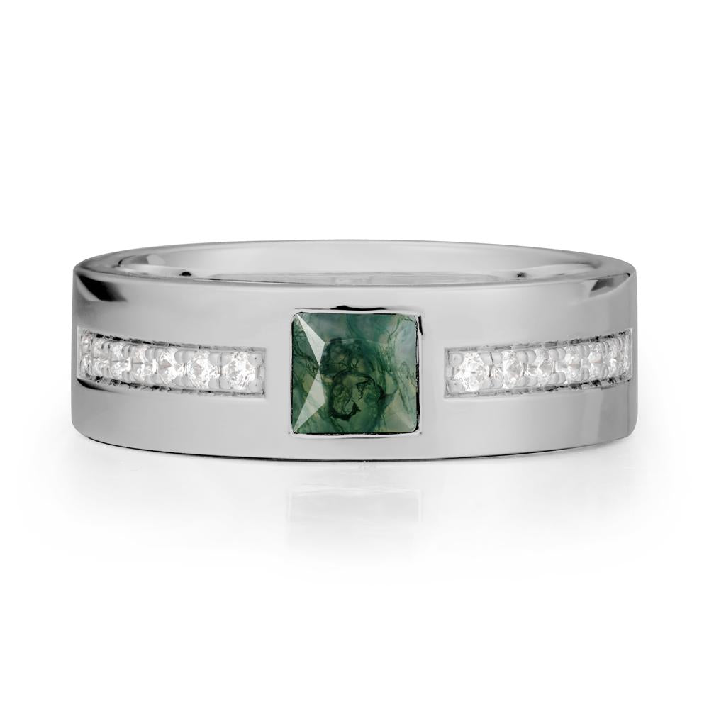 Square Moss Agate Ring with Pav茅 Gems Band - LUO Jewelry #metal_platinum