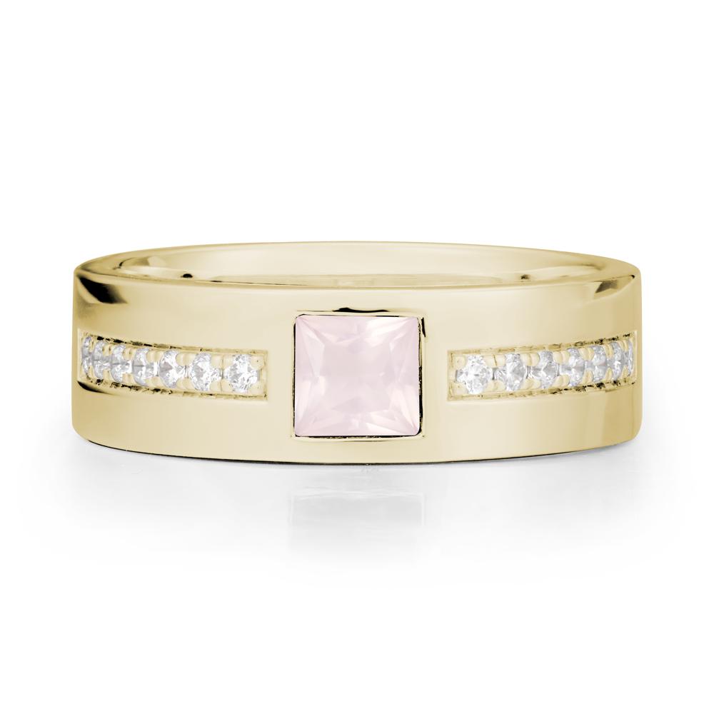 Square Rose Quartz Ring with Pav茅 Gems Band - LUO Jewelry #metal_14k yellow gold