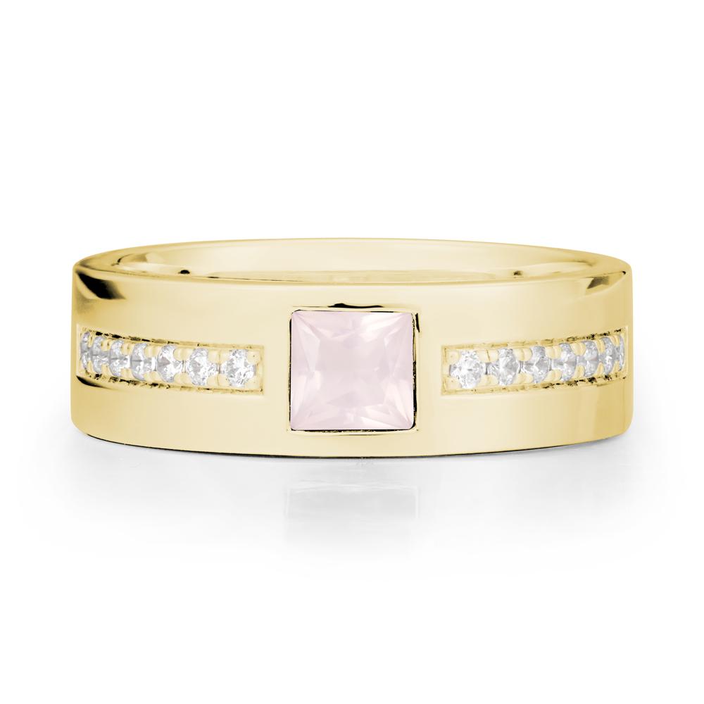 Square Rose Quartz Ring with Pav茅 Gems Band - LUO Jewelry #metal_18k yellow gold
