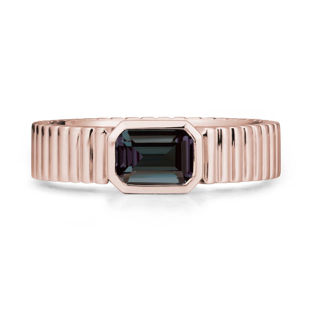 Ribbed Band Emeral Cut Alexandrite Ring - LUO Jewelry #metal_14k rose gold