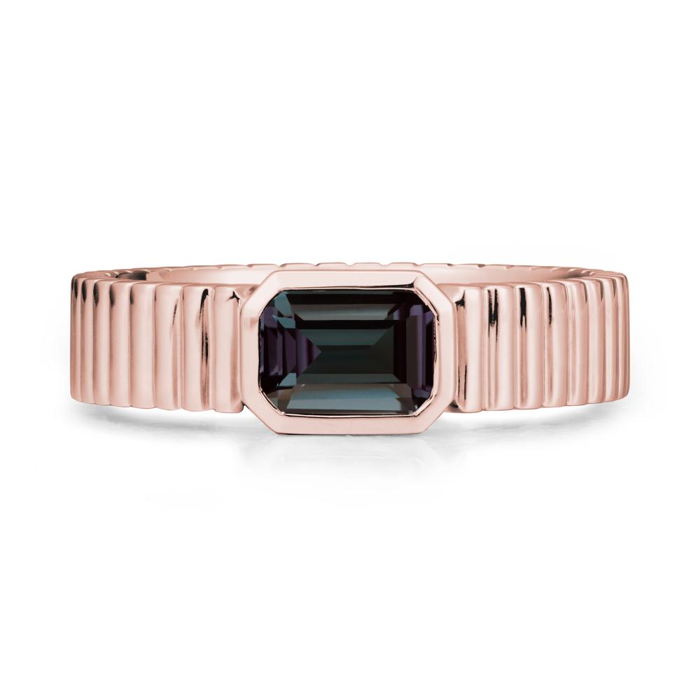 Ribbed Band Emeral Cut Alexandrite Ring - LUO Jewelry #metal_18k rose gold