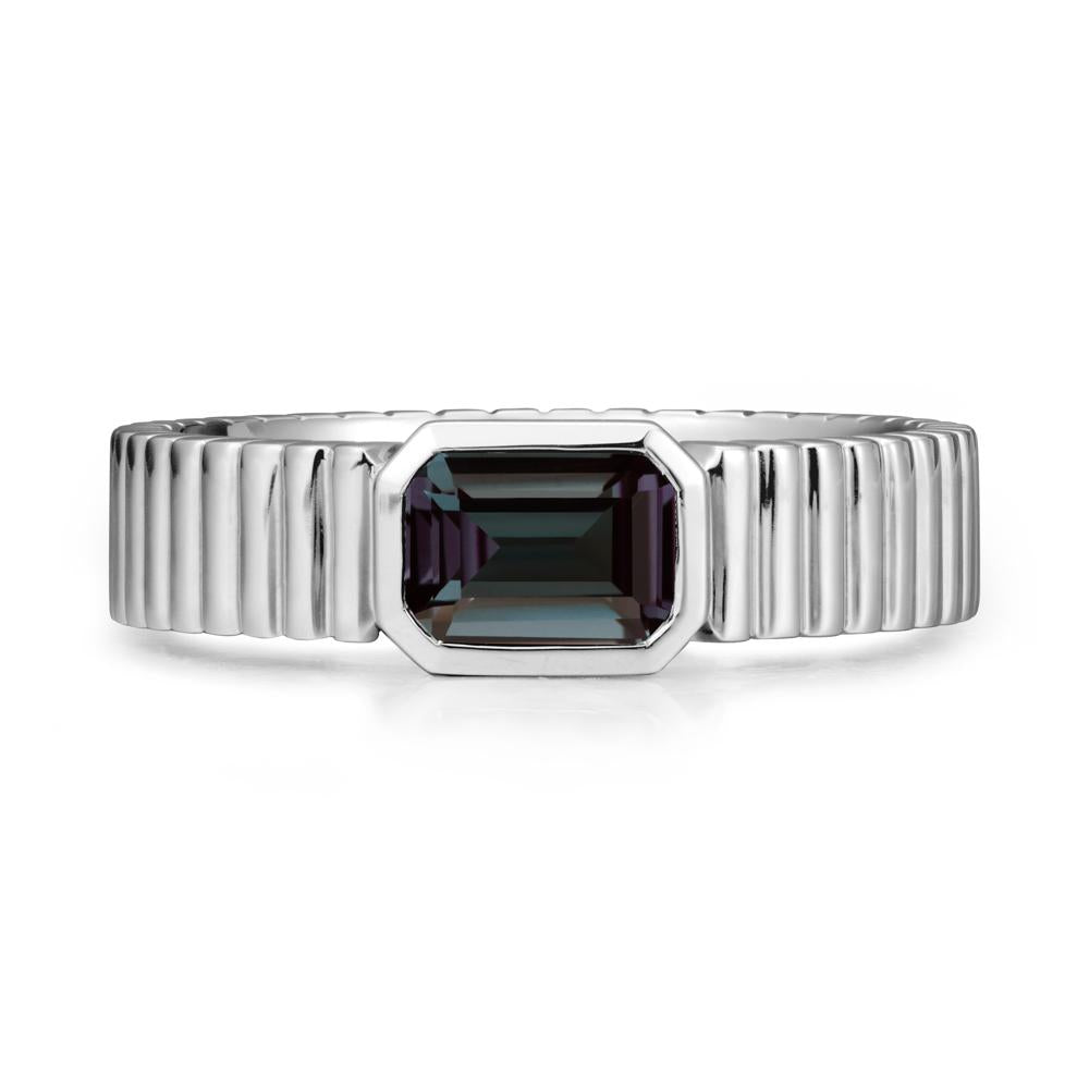 Ribbed Band Emeral Cut Alexandrite Ring - LUO Jewelry #metal_18k white gold