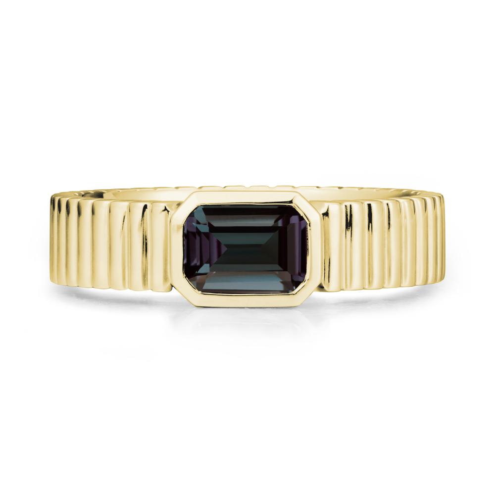 Ribbed Band Emeral Cut Alexandrite Ring - LUO Jewelry #metal_18k yellow gold