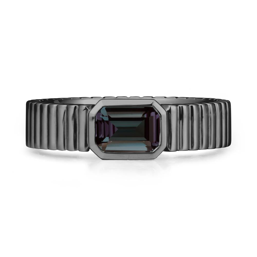 Ribbed Band Emeral Cut Alexandrite Ring - LUO Jewelry #metal_black finish sterling silver