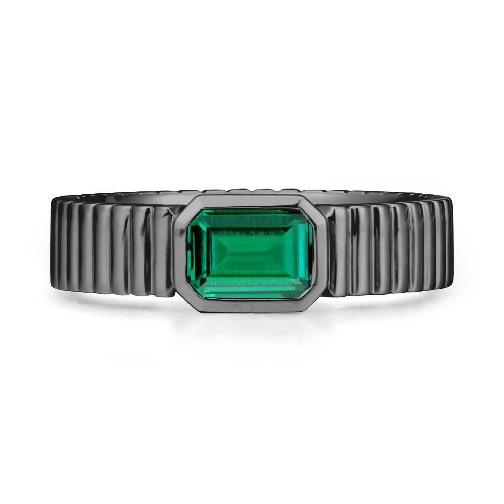 Men Wide Ribbed Band Emerald Ring - LUO Jewelry #metal_black finish sterling silver