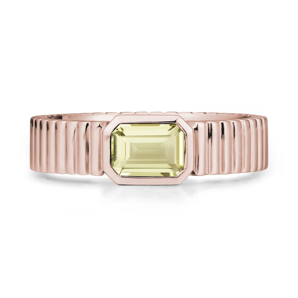 Ribbed Band Emeral Cut Lemon Quartz Ring - LUO Jewelry #metal_14k rose gold