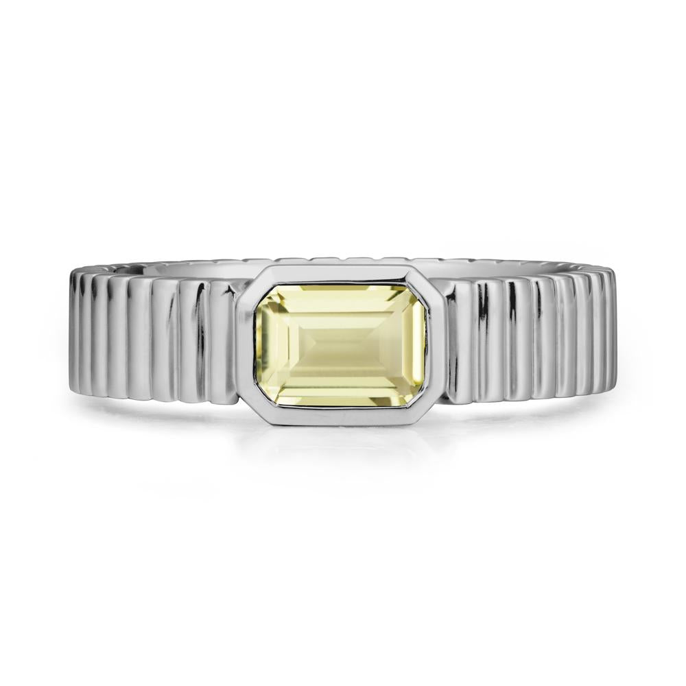 Ribbed Band Emeral Cut Lemon Quartz Ring - LUO Jewelry #metal_platinum