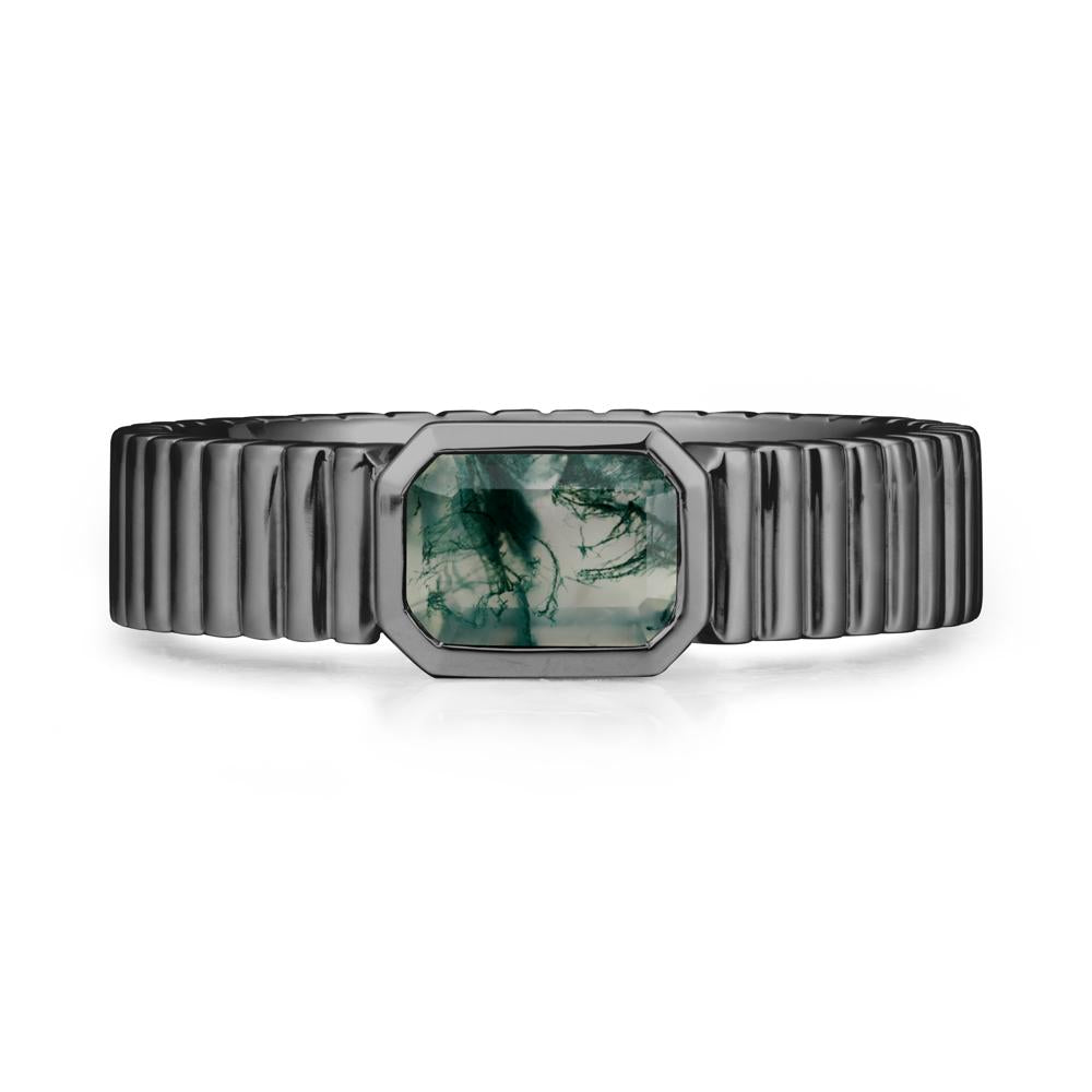 Men Wide Ribbed Band Moss Agate Ring - LUO Jewelry #metal_black finish sterling silver