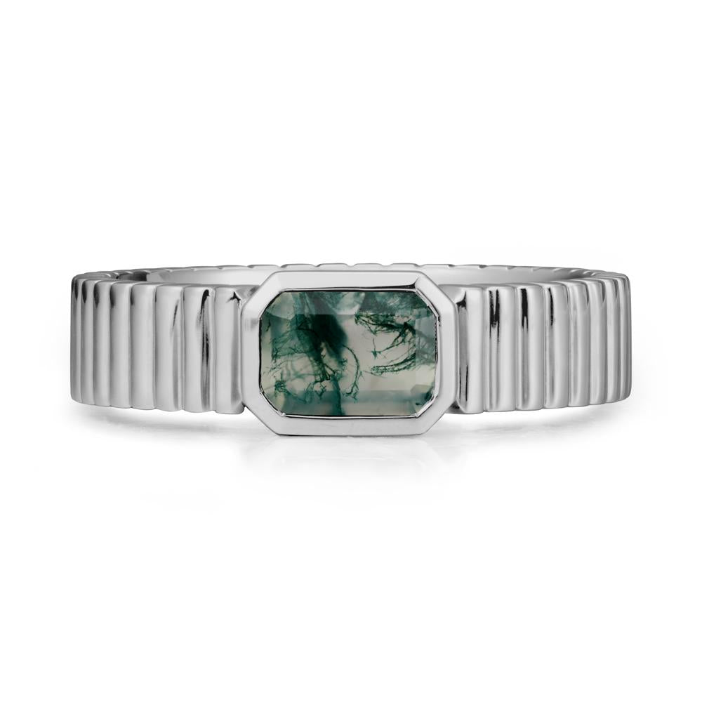 Men Wide Ribbed Band Moss Agate Ring - LUO Jewelry #metal_platinum