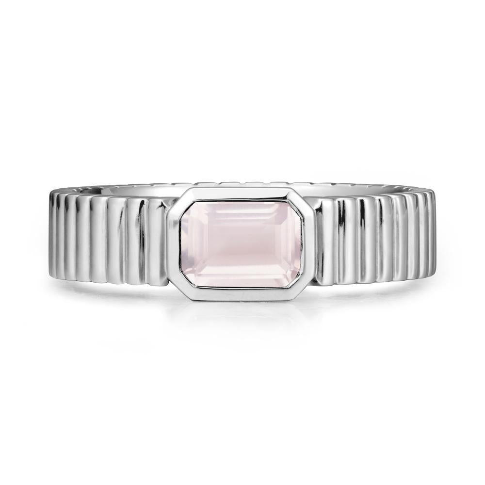 Ribbed Band Emeral Cut Rose Quartz Ring - LUO Jewelry #metal_14k white gold