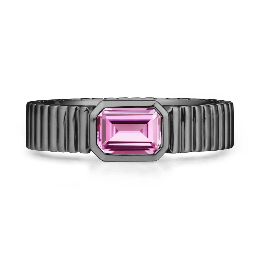 Bezel Settting Pink Sapphire Ring with Ribbed Band - LUO Jewelry #metal_black finish sterling silver