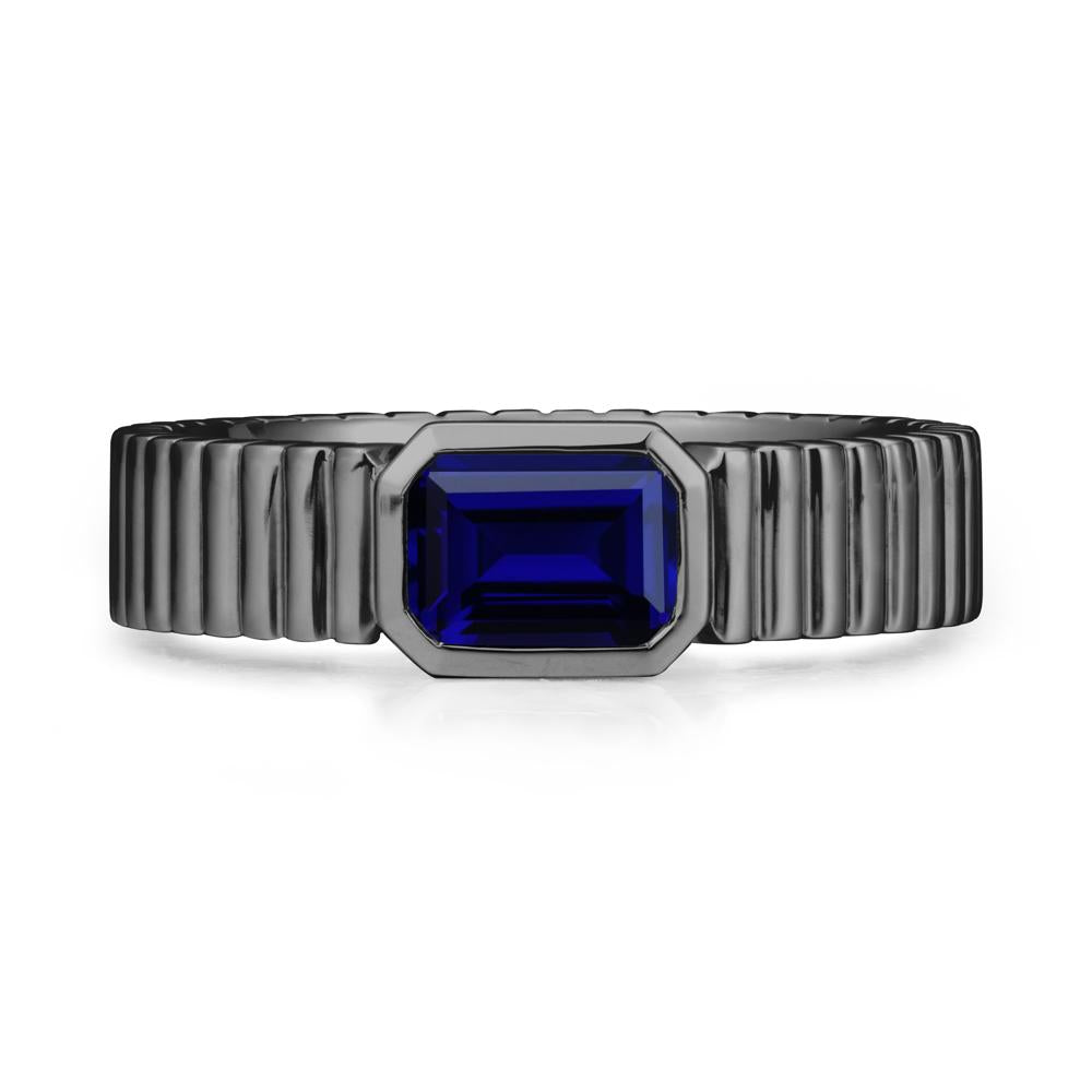 Ribbed Band Emeral Cut Sapphire Ring - LUO Jewelry #metal_black finish sterling silver
