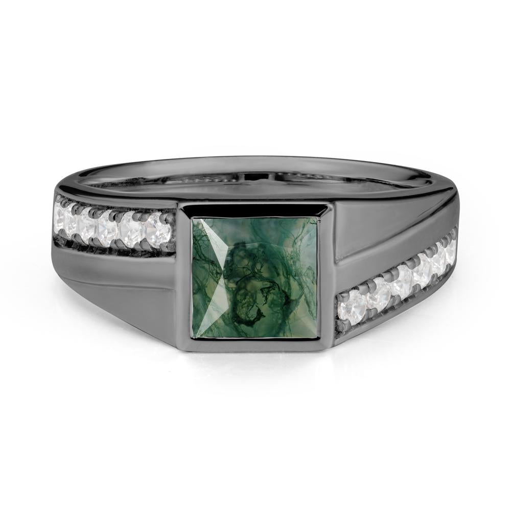 Men’S Square Moss Agate Ring with Pave Accents - LUO Jewelry #metal_black finish sterling silver