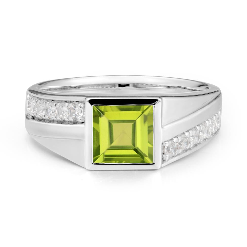 Men's Square Peridot Ring with Pave Accents - LUO Jewelry #metal_18k white gold