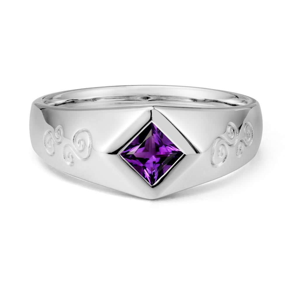Men Amethyst Scroll Engraved Ring - LUO Jewelry #metal_18k white gold