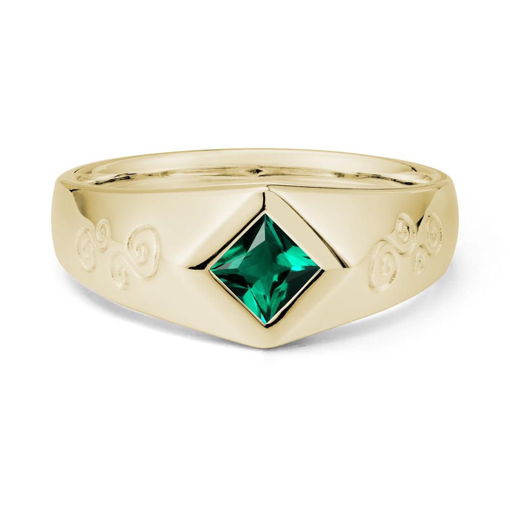 Men Emerald Scroll Engraved Ring - LUO Jewelry #metal_14k yellow gold