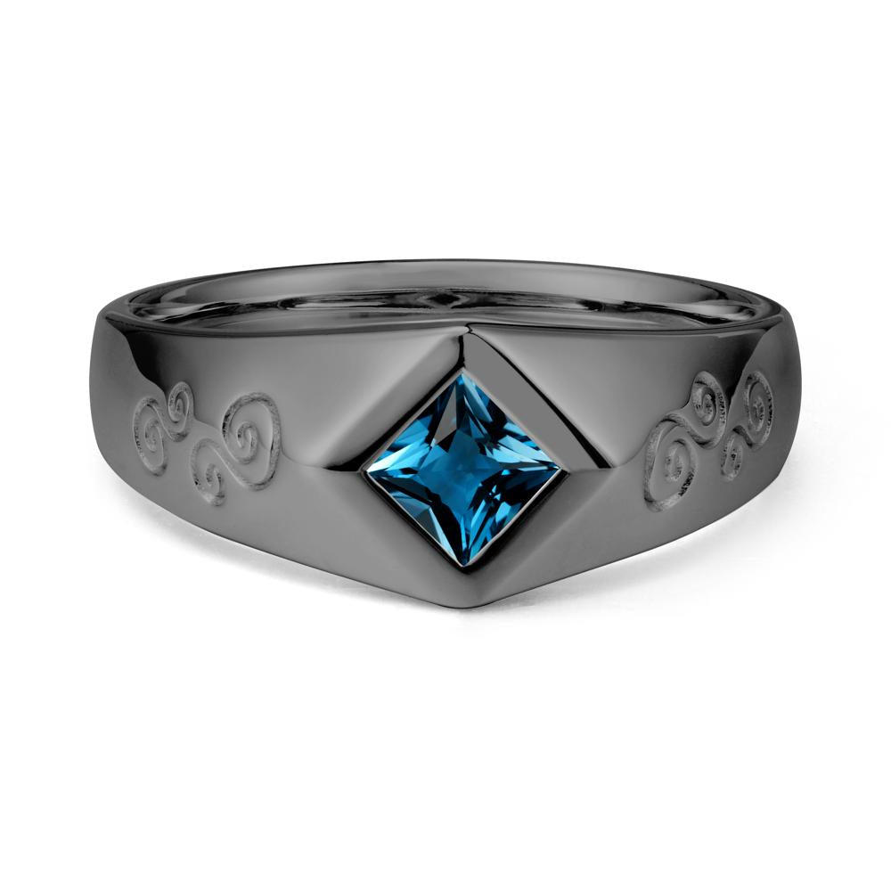 Men London Blue Topaz Scroll Engraved Ring - LUO Jewelry #metal_black finish sterling silver