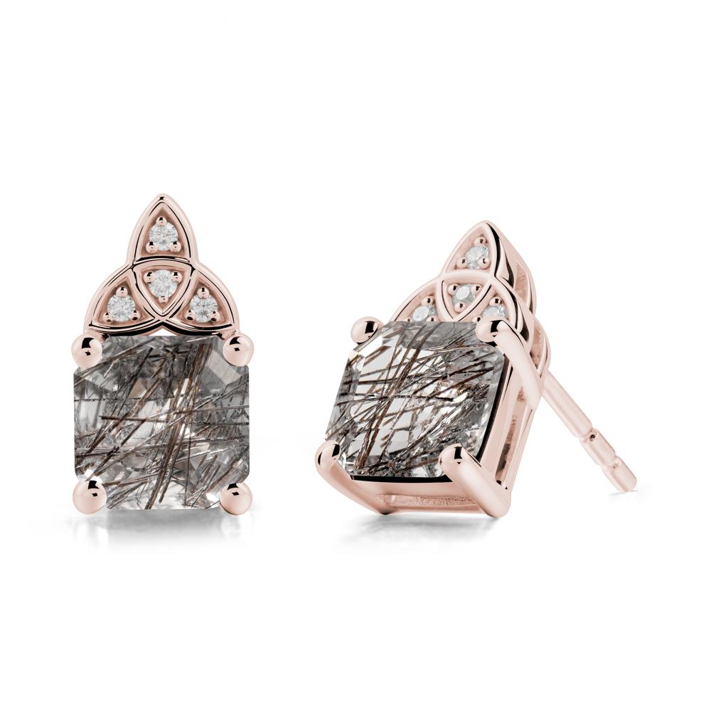 Asscher Cut Black Rutilated Quartz Celtic Knot Earrings - LUO Jewelry #metal_14k rose gold