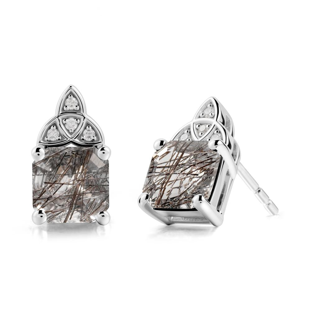 Asscher Cut Black Rutilated Quartz Celtic Knot Earrings - LUO Jewelry #metal_14k white gold