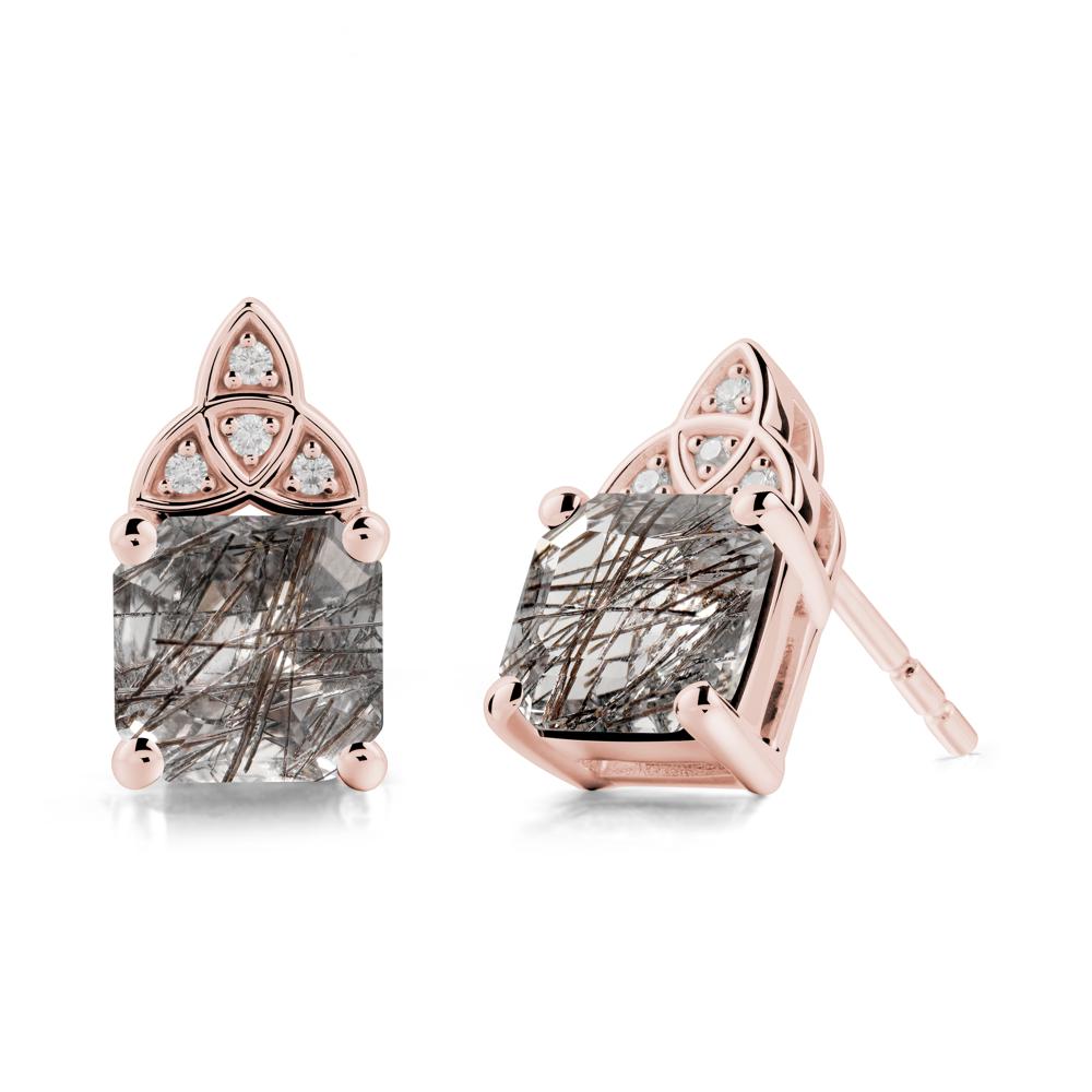 Asscher Cut Black Rutilated Quartz Celtic Knot Earrings - LUO Jewelry #metal_18k rose gold