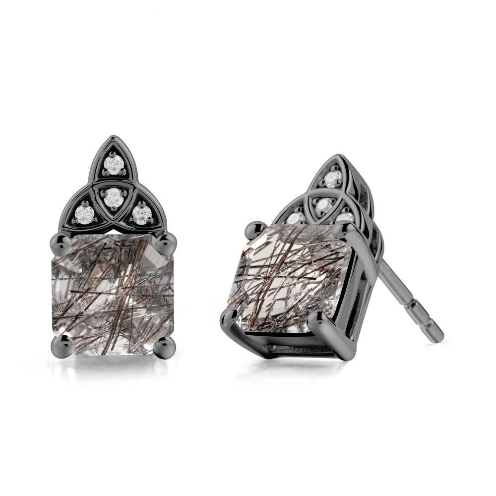 Asscher Cut Black Rutilated Quartz Celtic Knot Earrings - LUO Jewelry #metal_black finish sterling silver