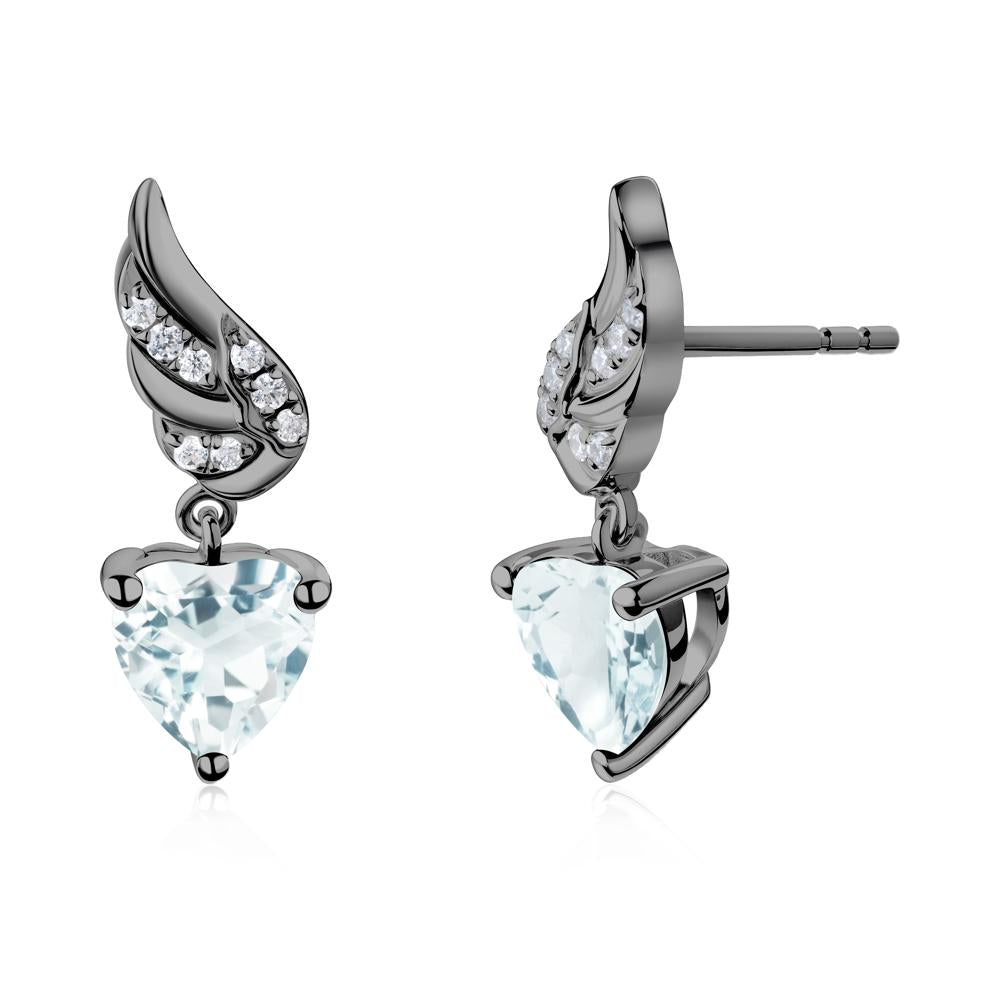 Winged Heart Shaped Aquamarine Stud Earrings - LUO Jewelry #metal_black finish sterling silver
