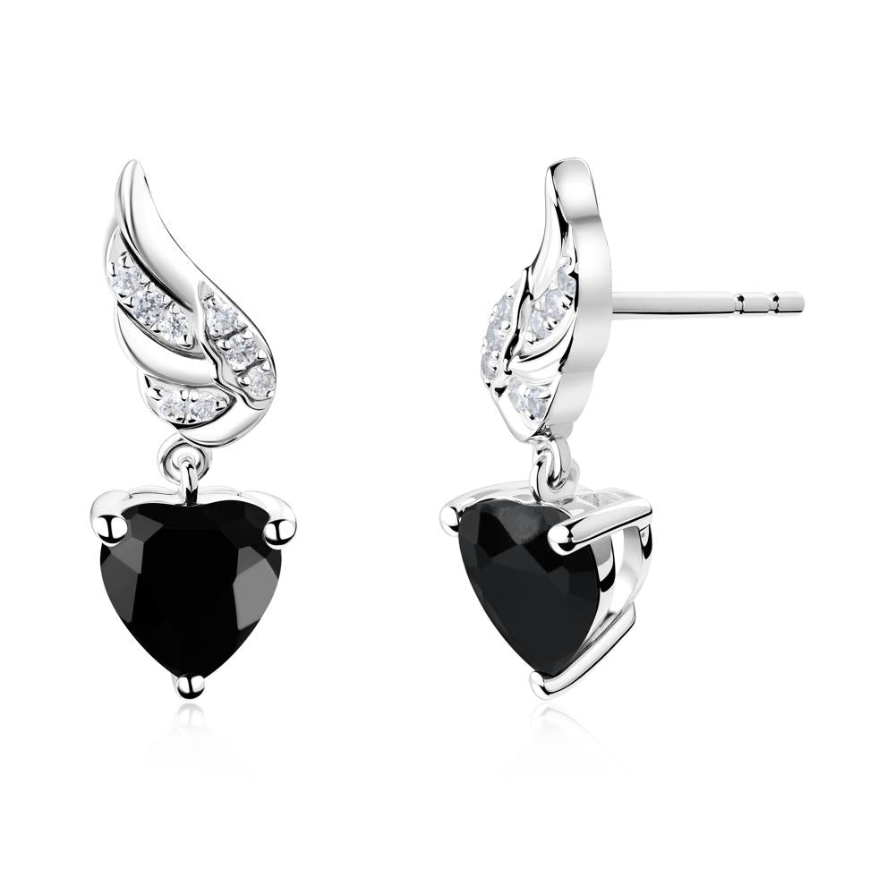 Winged Heart Shaped Black Spinel Stud Earrings - LUO Jewelry #metal_14k white gold