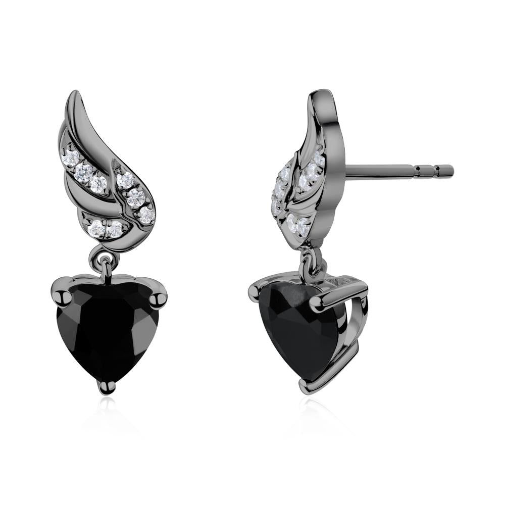 Winged Heart Shaped Black Spinel Stud Earrings - LUO Jewelry #metal_black finish sterling silver