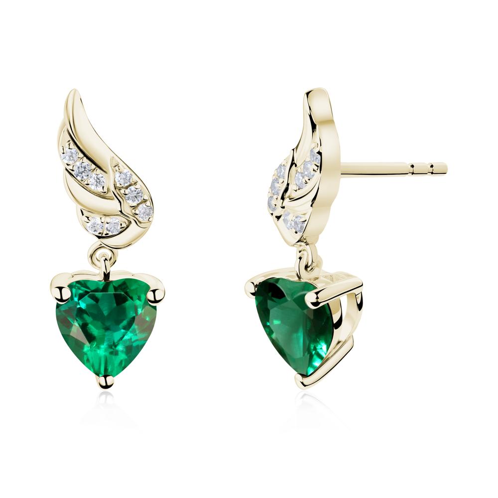 Angel Wing Heart Shaped Emerald Stud Earrings - LUO Jewelry #metal_14k yellow gold