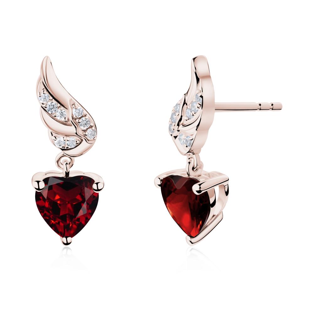 Angel Wing Heart Shaped Garnet Stud Earrings - LUO Jewelry #metal_14k rose gold