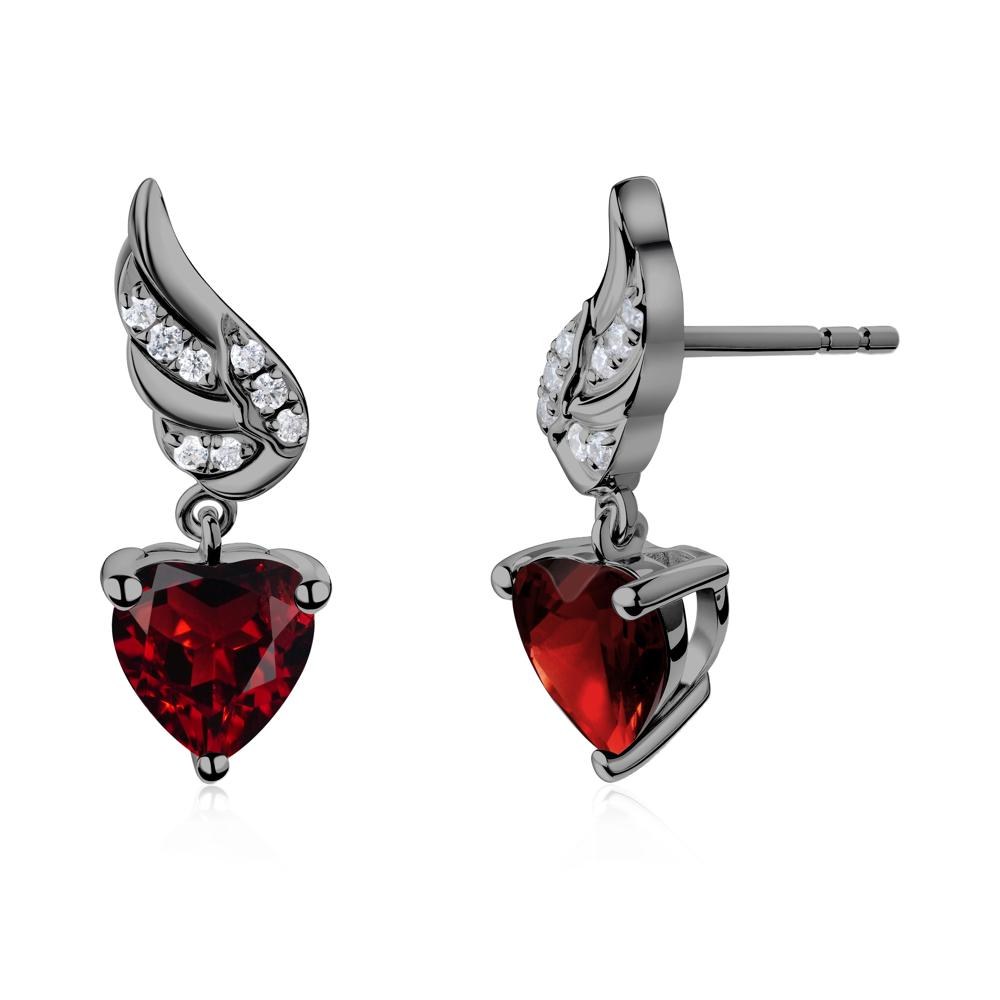 Angel Wing Heart Shaped Garnet Stud Earrings - LUO Jewelry #metal_black finish sterling silver