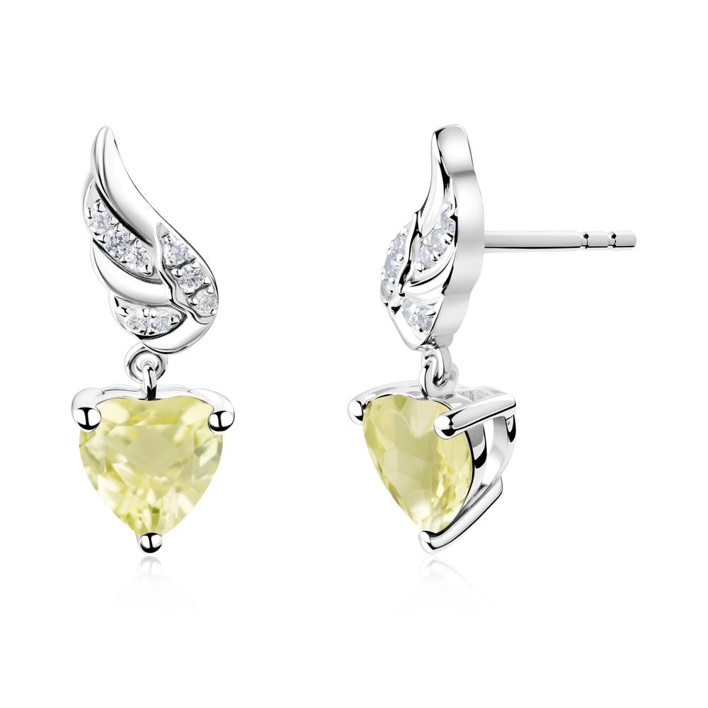 Angel Wing Heart Shaped Lemon Quartz Stud Earrings - LUO Jewelry #metal_14k white gold