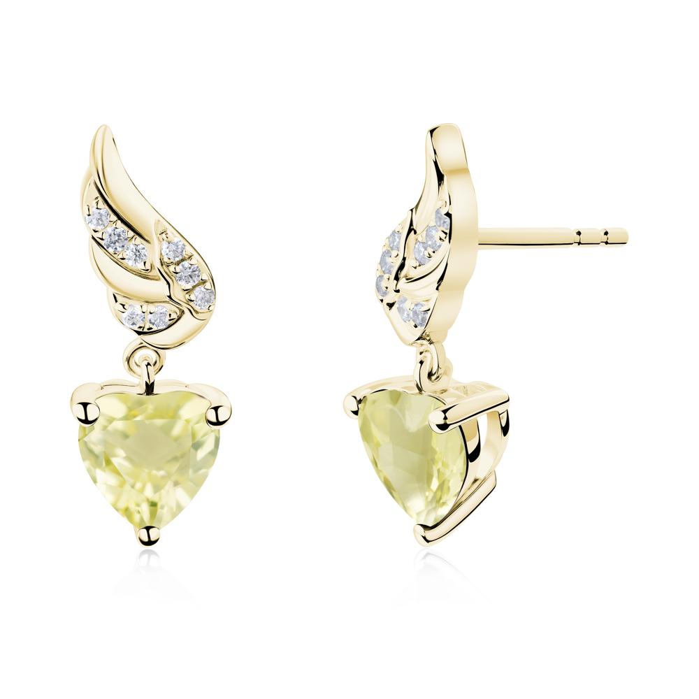 Angel Wing Heart Shaped Lemon Quartz Stud Earrings - LUO Jewelry #metal_18k yellow gold
