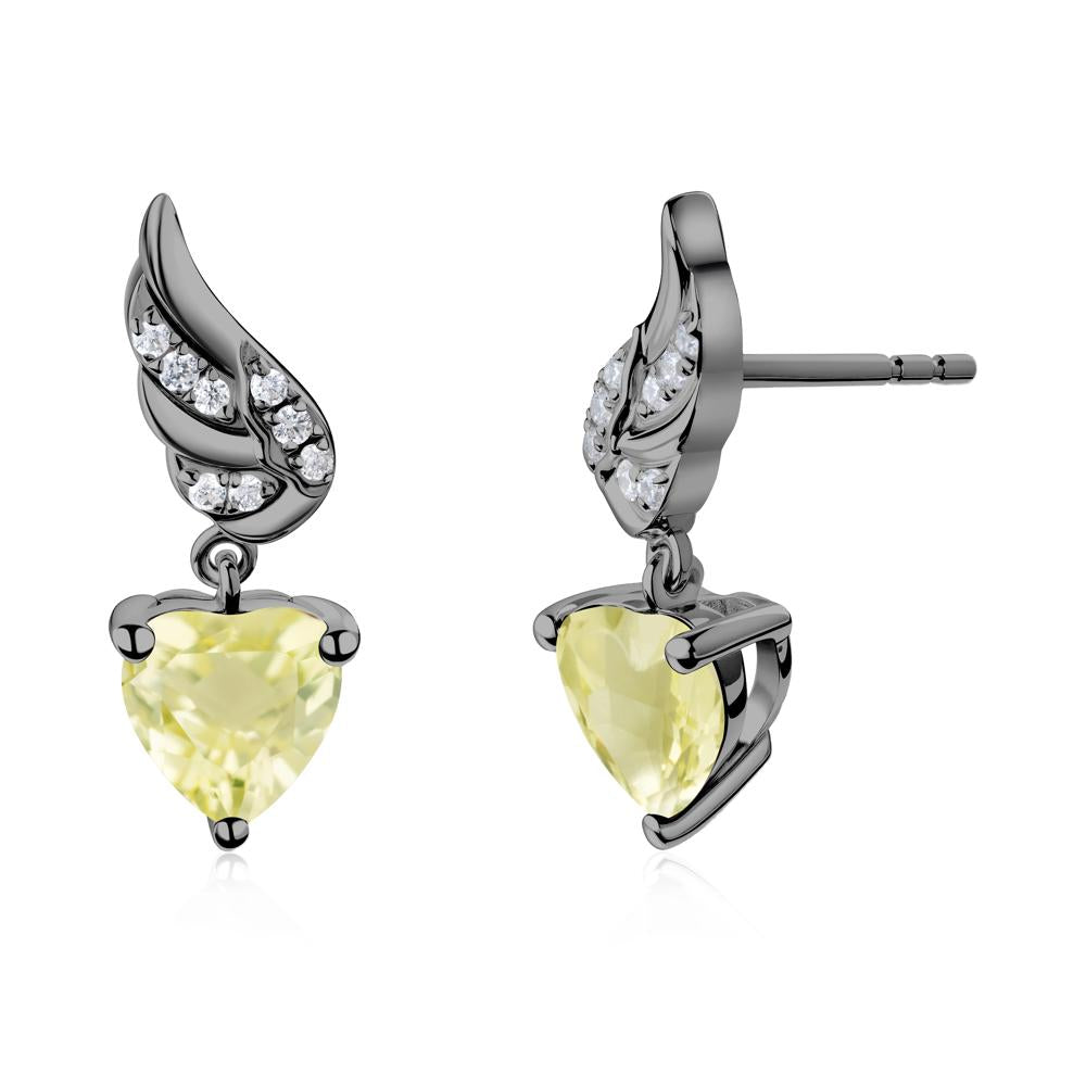 Angel Wing Heart Shaped Lemon Quartz Stud Earrings - LUO Jewelry #metal_black finish sterling silver