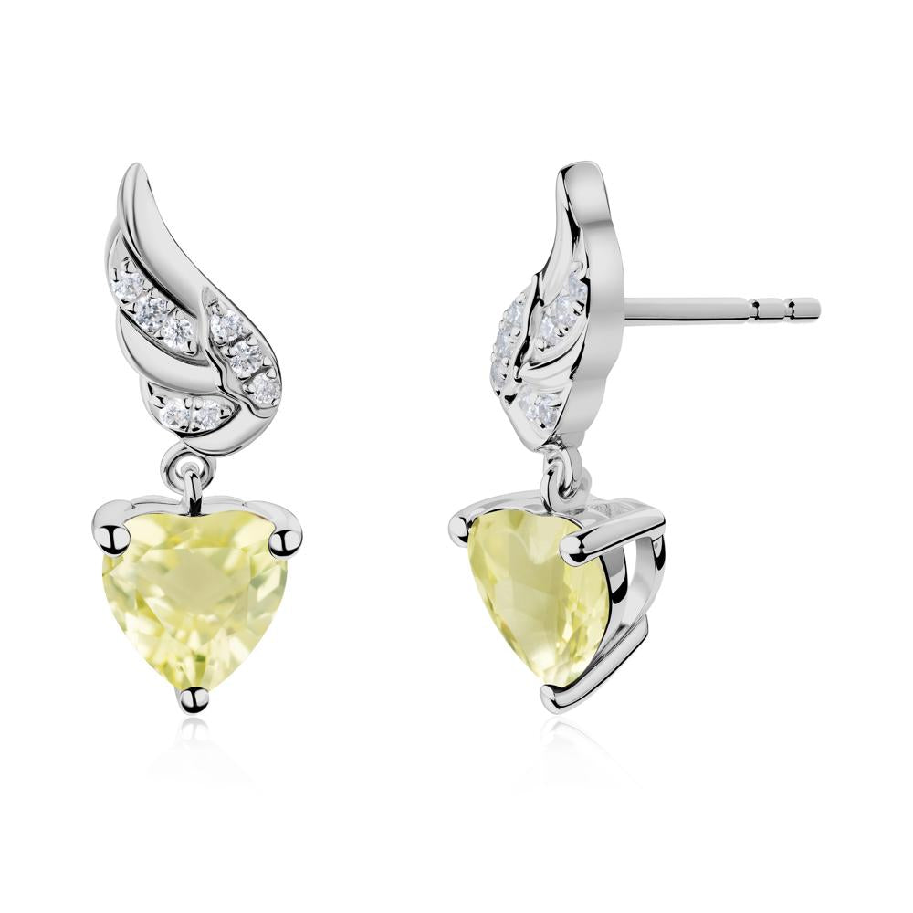 Angel Wing Heart Shaped Lemon Quartz Stud Earrings - LUO Jewelry #metal_platinum