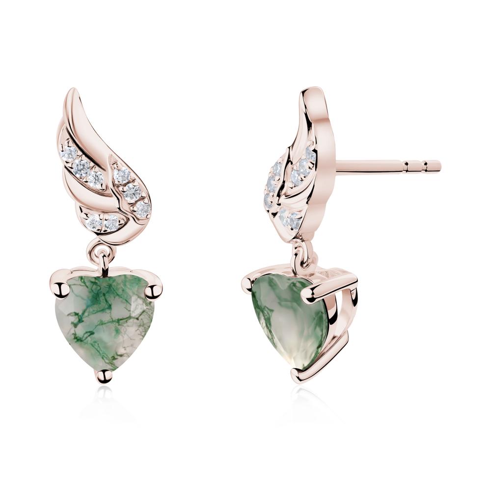 Angel Wing Heart Shaped Moss Agate Stud Earrings - LUO Jewelry #metal_14k rose gold