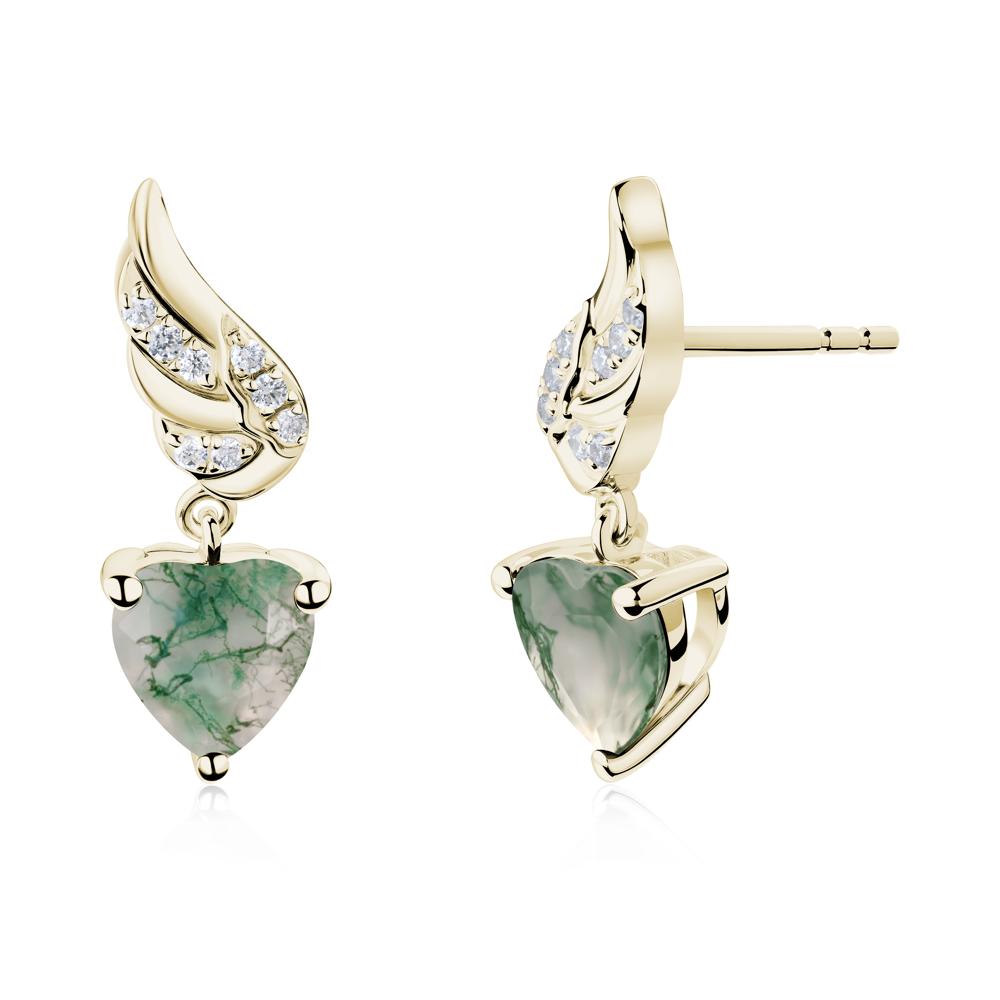 Angel Wing Heart Shaped Moss Agate Stud Earrings - LUO Jewelry #metal_14k yellow gold