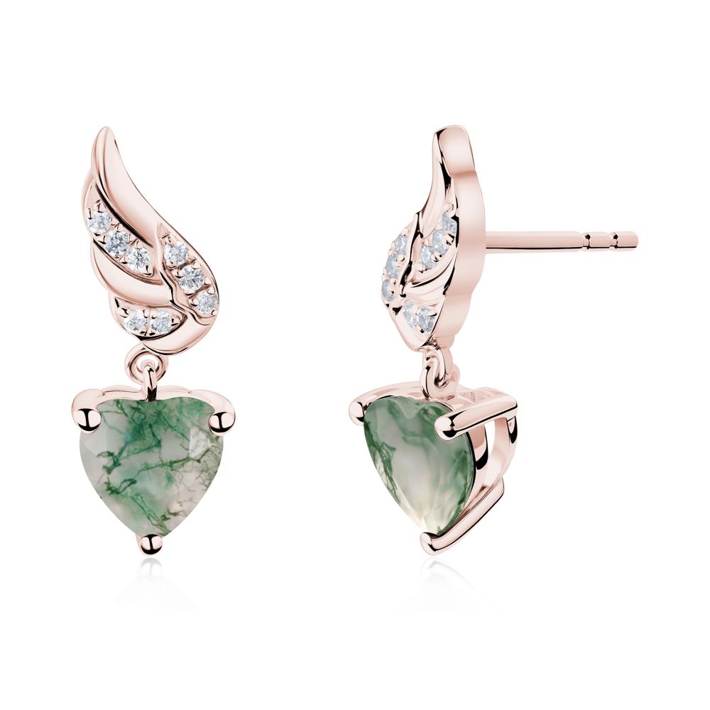 Angel Wing Heart Shaped Moss Agate Stud Earrings - LUO Jewelry #metal_18k rose gold